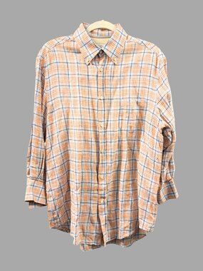 BRUNELLO CUCINELLI Orange Light Blue Linen Plaid Button Down Shirt Sz L